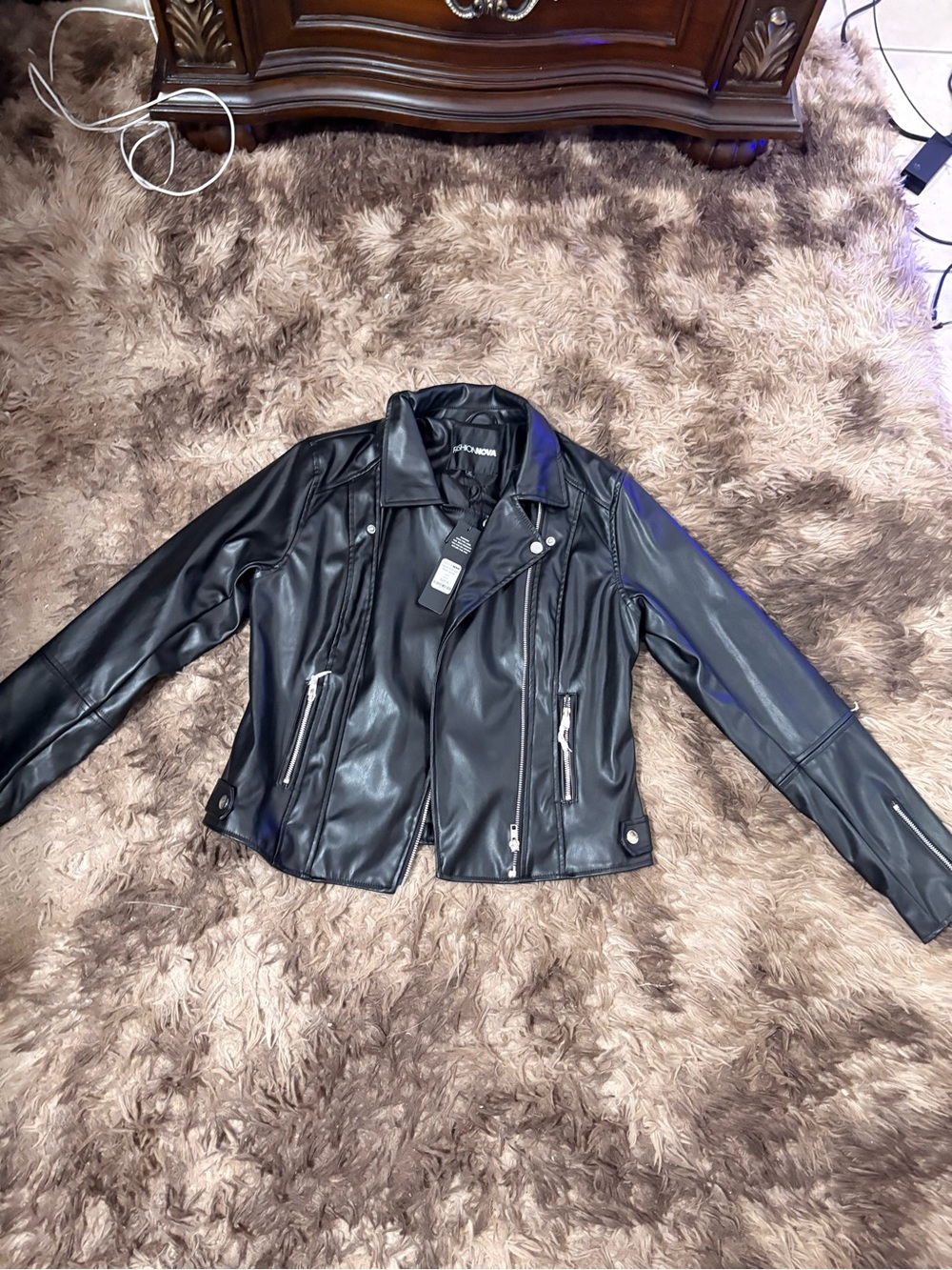 Fashion Nova Black Faux Leather Moto Jacket with Silver Hardware